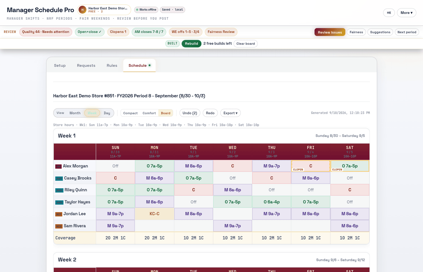 Filled week schedule board with quality chips and Review Issues across the top.